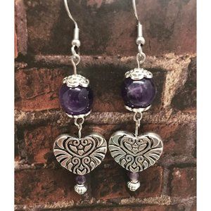 Silverplated Celtic Heart Amethyst Dangle Earrings